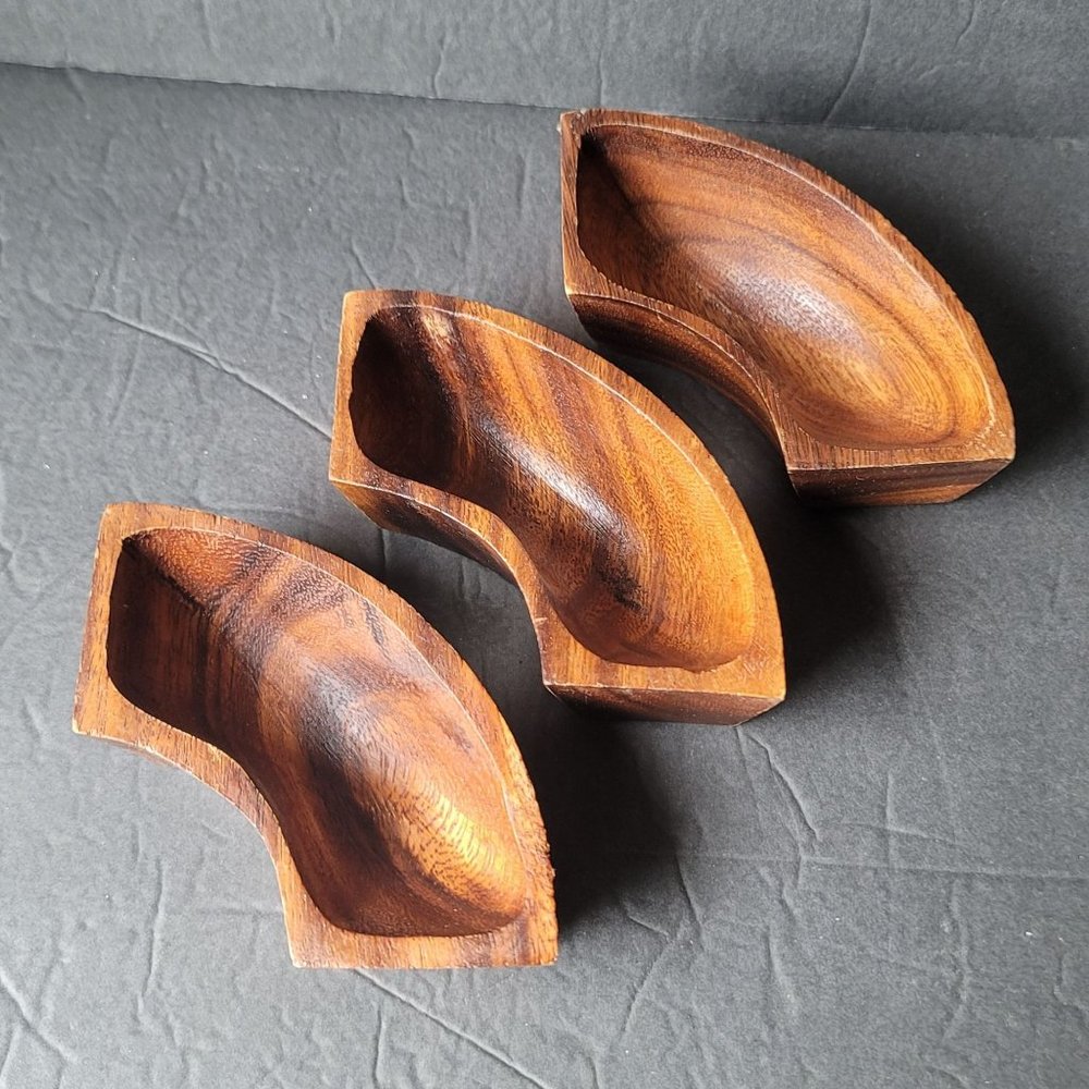 Vintage Wood Snack Chip and Dip Serving Set Tray Bowls and Wood Spreader Knife T - Picture 4 of 6